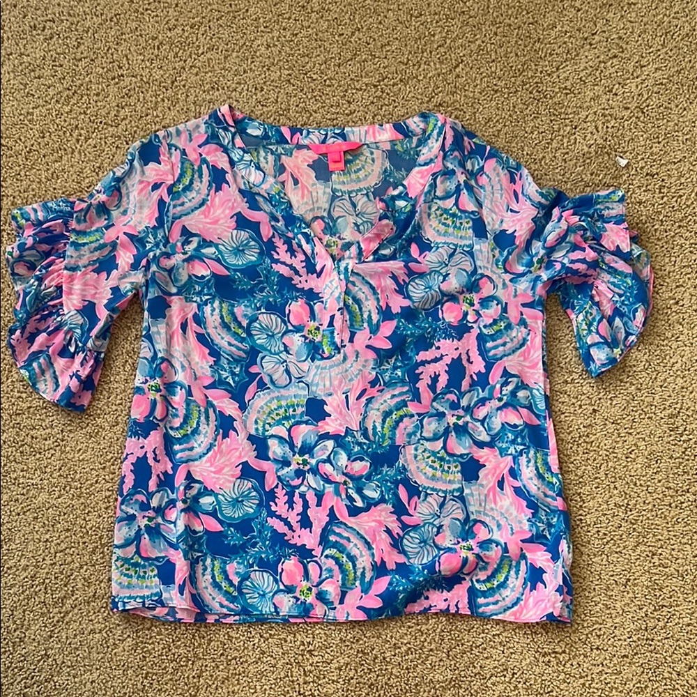 Lilly Pulitzer Pink and Blue Ruffled 3/4 Sleeve Blouse